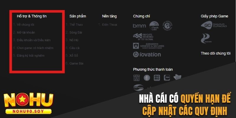 Nhà cái có quyền hạn để cập nhật các quy định